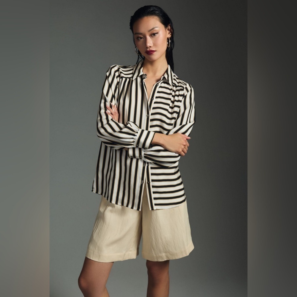 Anthropologie Maeve Silky Striped Black Cream Striped Button Down Shirt | M